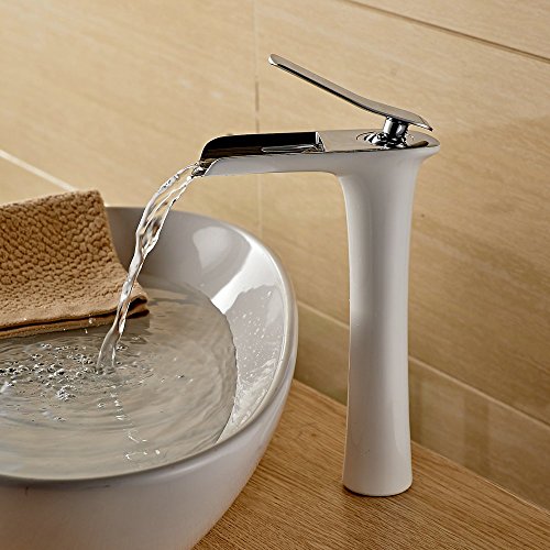Hiendure® Modern Hohe Wasserfall armatur Waschtischarmatur weiß Chrom Einhebel Waschbecken Wasserhahn Mischbatterie Badarmatur f.Badzimmer