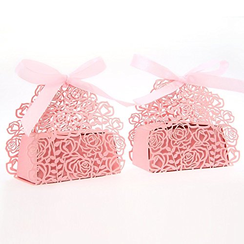 Foopp 25pcs Rose Pattern Candy Sweet Gift Boxes for Wedding Favors (Pink)
