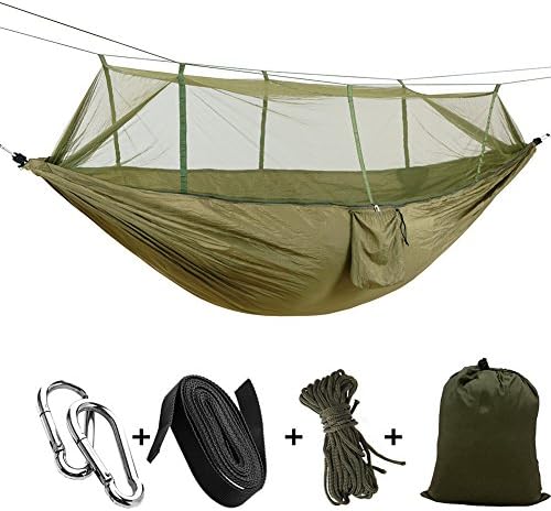Camping Hammock SCONFID Outdoor Portable Parachute Fabric Hammock Swing Travel Bed with Mosquito Net for Hiking and Traveling (GREEN)