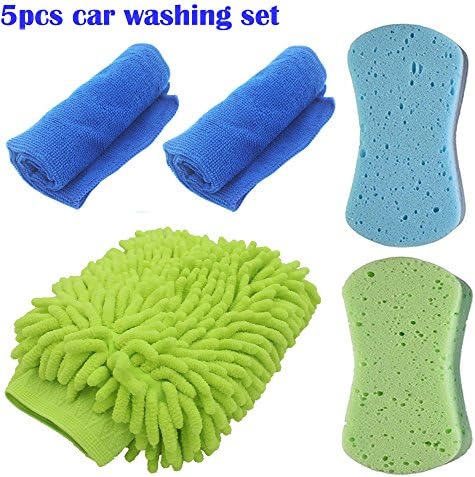 EEFUN 5 IN 1 House Cleaning or Car Washing Kit, including Microfiber Waterproof Washing Mitt *1, Washing Compressed Absorbent Sponge*2, Microfiber Cleaning Towel*2, Multi-Use Kitchen Office Cleaning Tool, Lint free, Scratch Free