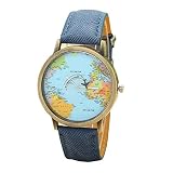 Uhren für Frauen, Winkey Global Per Flugzeug Reisen Karte Frauen Kleid Uhr Denim Stoff Band blau