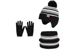 AYPOW Ensemble de Bonnet Écharpe Gants 3 en 1 pour 3-8 Ans Enfant,Chaud Tricoté Pompom Chapeau Tour de Cou Écran Tactile Gants avec Doublure,Épaissir Accessoires Hiver Set pour Fille Garçon