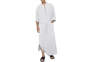 YAOHUOLE Herren Kaftan V-Ausschnitt Langarm Kaftan Herren Lang Knopf Hoch Thobe Herren Seite Split Baumwolle mit Taschen