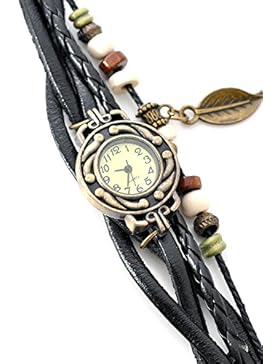 Retro Blatt Leder Damenuhr Damen Armbanduhr Armbandkette Armreif Armband Uhren Quarzuhr - Schwarz