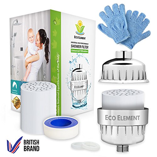 Eco Element Universal Filtro de Ducha. Filtración mejorada. Configuración fácil. (Incluye 2 cartuchos de filtro + Cáscara de cromo + Cinta de teflón + Arandelas + Guantes para fregar la ducha)