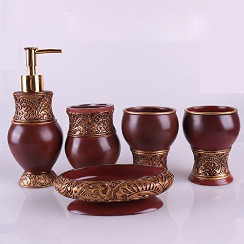 LZSJ 5pcs Bathroom Set Continental Retro Bathroom Wash Five Set Resin Bathroom Amenities Brown Dental Set Rinse Cup Soap Box