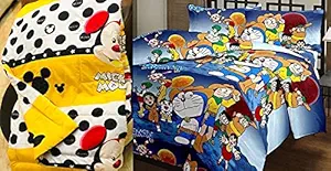 Manonita Enterprises Cartoon Print Reversible Single Bed AC Blanket/ Dohar / Quilt for Kids Combo Set of 2 PC (Doraemon and Yellow Micky Mouse Prints)