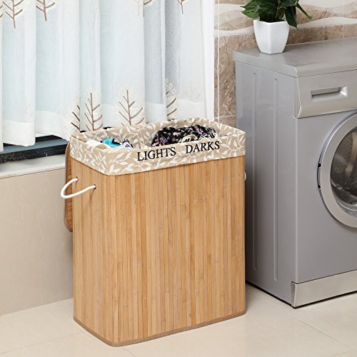 Songmics Groß 100L Bambus Faltbar Wäschekorb Bodenkorb mit 2 Fächern LIGHTS&DARKS 3 Griffe LCB65Y - 2