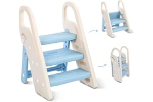 Onasti Marche Pied Pliable pour Enfant, Marchepied 3 Marches pour bébé, Marchepieds Hauteur réglable pour Chambre de bébé Rehausseur Stable, Multifonction et Antidérapant, avec Poignées Sécurité