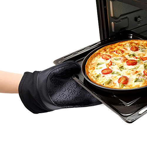 Jonhen Ofenhandschuhe Silikon Hitzebeständige, Topfhandschuhe Topflappen zum Küche,Backen,Kochen,Barbecue,Grillen,1 Paar,Schwarz,Gratis Bürste & Topf Halter - 7