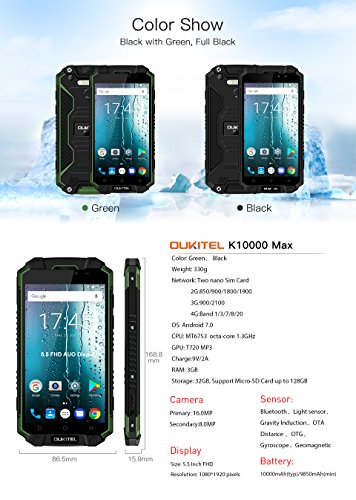 OUKITEL K10000MAX 4G Smartphone 5.5 '' 10000mAh batteria 1.3GHZ 3GB RAM + 32GB ROM, macchina fotografica di 8MP + 16MP di Android 7.0 Impermeabile, antipolvere, shockproof per gli appassionati estern