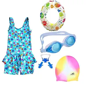 THE MORNING PLAY Premium Girls Swimming Kit with Swimming Costume Swimming Goggles Swim Ring Swimming Cap Ear Plug and Nose Plug