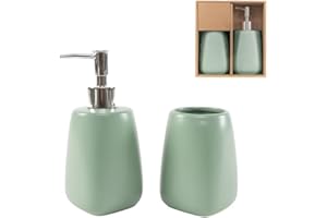 ROCKING GIFTS Juego de Baño Cerámica Verde Agua (2 Piezas): Dispensador de Jabón con Bomba y Vaso para Cepillo de Dientes, Gres Esmaltado, Accesorios de Lavabo