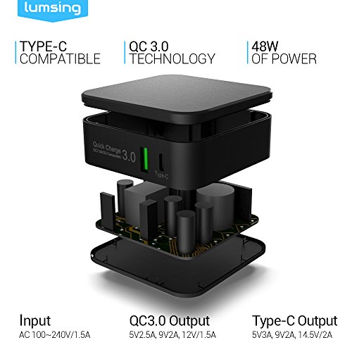 Lumsing Dual Port 18W Quick Charge 3,0 USB Wandladegerät +29W USB C Ladegerät Wand Ladeadapter für Apple Macbook, Google Nexus 6P, HTC 10, Galaxz S7, LG G5 und andere Smartphone Geräte(Schwarz) - 6
