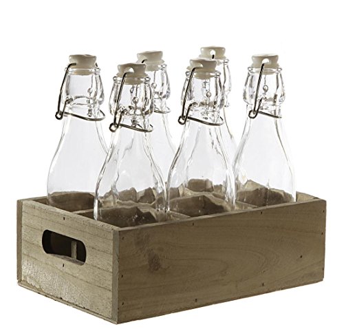 6er Set Glasflaschen / Bügelflaschen im Holz Tablett (z.B. als Vase für Tischdekoration, Gastronomie uvm)