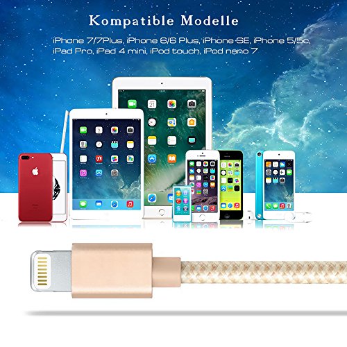 TheSmartGuard – Lightning Kabel / Datenkabel / Ladekabel [2.1 A] für Apple iPhone 7, 7 Plus, 6, 6s, 6 Plus, 6s Plus, SE, 5s, 5, 5C sowie alle iPad mit Lightning Anschluss | Nylon Ummantelt | Farbe: Gold | Länge: 20 cm / 0,2 Meter - 4