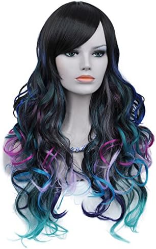 Women's Fashion Black to Blue to Pink to Red Rainbows Long Wave Cosplay Wigs Curls Gradual Color