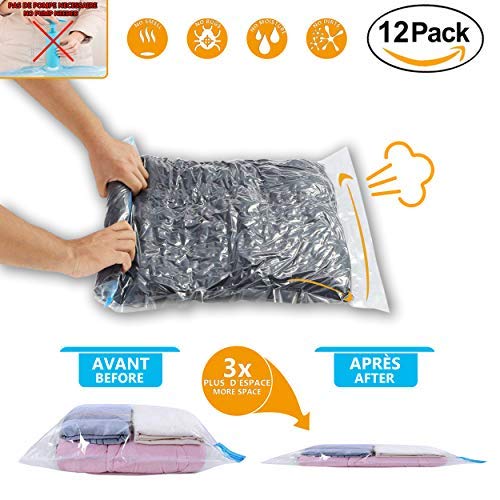12 Bolsas de almacenamiento enrollables Space Saver | Bolsa enrollable para aspiradora | Organizador de viaje Roll Up Sin vacío - No se necesita bomba | 4 x grande, 4 x medio, 4 x pequeño