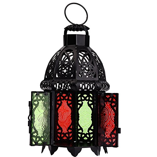 Marokkanischen Stil Matte Black Gusseisen Handgefertigte Octagonal Kerze Laterne mit Multicolor Strukturglas , Dekoration für Wohnzimmer, Balkon, Terrasse, Veranda und Garten - 2