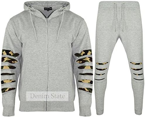 ASBAHFASHION Just! New Men's Camo Cut Arm Slim Fit Hooded Jogging Bottoms Joggers Gym Sportswear Tracksuit Set (Medium, SILVER GREY)