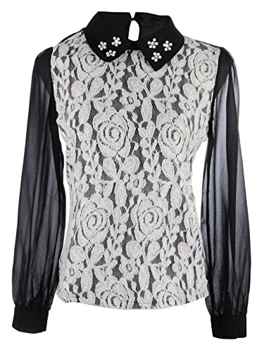 Anna Kaci Womens S/M Fit Lace Overall Pearl Decorated Collar Top Black