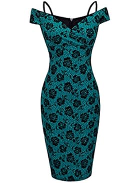 HOMEYEE Damen Vintage Blumendruck Off Shoulder Riemchen Knielänge Bodycon Enges Kleid B309