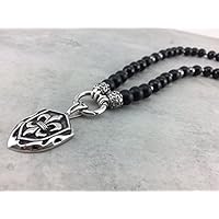 Halskette Rundkette Halbedelsteine Onyx schwarz + matt glänzend + Hämatit, Herren o. Damen Männer Schmuck + Anhänger zur Auswahl: Fleur de Lys Lilie Rockabilly K_40