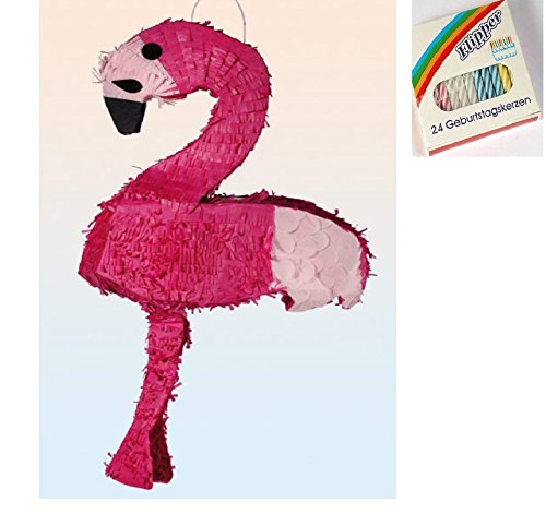 Geschenkverpackung "Pinata - Flamingo" & Bunte Geburtstagskerzen - Set ~