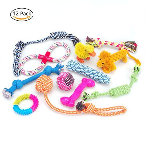 Juguetes para perros Juego de regalo de 12 paquetes, cuerda de bola RoyalCare y masticar juguetes chillones para perro de mediano a pequeño