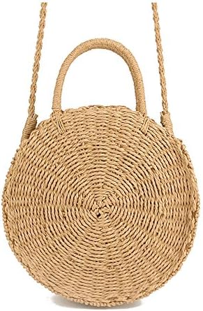 Handmade Rattan woven Round Handbag Vintage Retro Straw Knitted Messenger Bag Lady Fresh Handbag Summer Beach Tote khaki beige