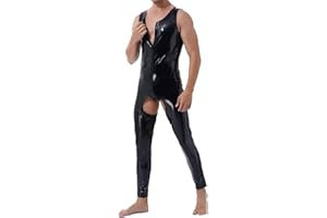Caxndycing Mono para hombre de aspecto mojado, corte ajustado, látex, brillante, sexy, parte superior lacada, malla de piel, ropa de hombre, ropa muscular, fiesta, club, aspecto mojado, parte superior