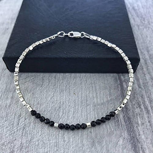 BLACK SPINEL BRACELET/Silver Spinel Bracelet/Gemstone Bracelet/Sterling Silver Bracelet/Black and Silver Jewellery/Delicate Bracelet 2mm