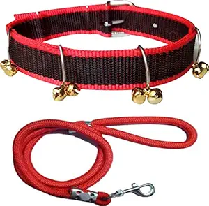 Pedigone Dog Belt Combo of Ghungroo Dog Collar with Red Dog Lead Specially for Medium Breed Dog Collar Leash (Red Black)