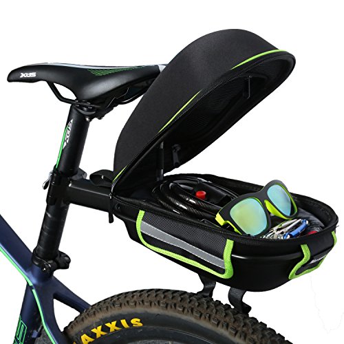 West Biking Outdoor Fahrrad & MTB Satteltasche Back Seat Schwanz Tasche + Reflektierende Streifen Paket + Regen Cover Schwarz mit Grün - 2