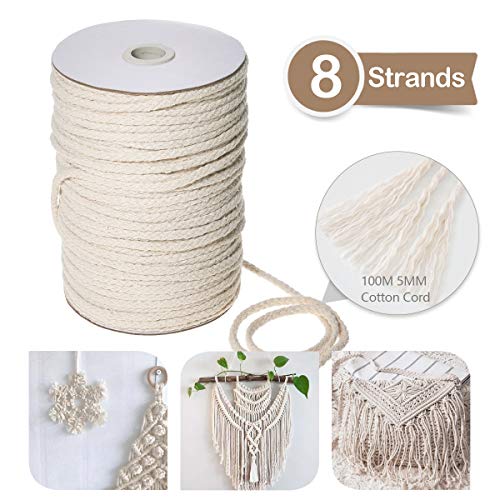Jeteven 5mmx100m Baumwollgarn Baumwollkordel Naturkordel Makramee Garn Kordel Stricken Baumwollschnur Baumwolle für DIY Handwerk Basteln Wandbehang Pflanzenhänger Beige