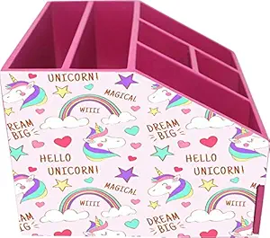 Enigmatic Woodworks Multi Purpose Wooden Desk Organizer with Drawer, Pen Stand, Pencil Stand, Stationery Stand for Office, Kitchen Organizer (Pink Unicorn Pattern)