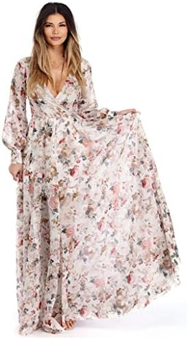 Hevoiok Long Chiffon Dress Women Summer Fashion Sexy Deep V Neck Long Sleeve Boho Maxi Floral Print Dress (XL, Beige)