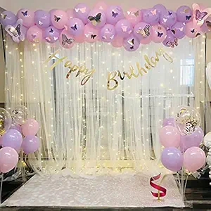 SpecialYou.in Birthday Decoration DIY Combo Kit with white net Curtain cloth and Fairy Lights - 58 pc , Pink & Purple Balloons, LED, Garland Arch Tape, backdrop, princess theme,tale, for girls , baby