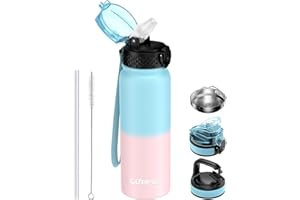 GOPPUS Bouteille d'eau Acier Inoxydable 600ml/20oz avec Paille Bouteille Sport Isolée Flacon Bouteilles d'eau en Métal Rabattables à Double Paroi Étanche pour les Sports de Gym avec 3 Couvercles