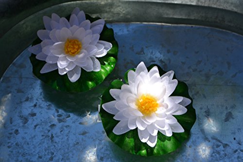 Teichdekoration- 2 Stück Seerose in grün-weiß- täuschend echt-hübsche Seerose - mit Blüte und Blätter, robust, mit Schlaufe zur Befestigung - Durchmesser 14 cm, Kunststoff