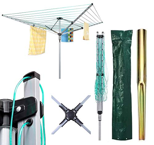 4-Arm Rotary Airer (50m, Metal, Silver), Drying Rack with Cover and Spike for Indoor/Outdoor Use