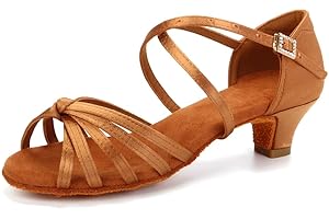 HIPPOSEUS Chaussures de Danse Latine en Satin pour Filles et Femmes avec Chaussures de Danse à Talon Bas et Sangle croisée, ZSDJ
