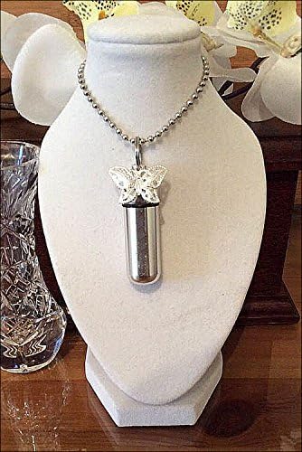 KGS Timeless Memorials Cremation Jewellery Ashes Memorial Urn Necklace with Filigree Butterfly charm attached. With free Velvet Pouch and Fill Kit. Carry a permanent memorial to a loved one.