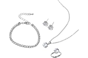 Auriselle Señoras Joyería Set Rhinestone Pendientes Collar Pulsera Anillo Clásico 4 Piezas Mujeres Joyería con Cubic Zirconia Regalos de Boda para Damas