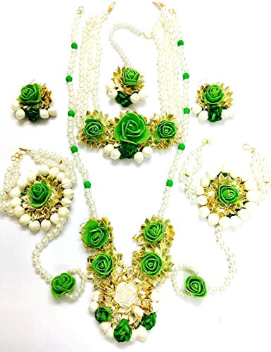 Floret Jewellery Green Gota Patti Flower Jewellery Set With 2 Necklaces, Earrings, Maang Tika, 2 Bracelets (7 Items) For Women & Girls