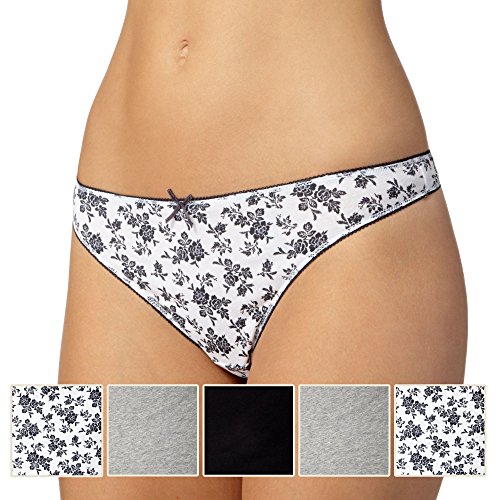 Debenhams Pack Of Five Grey, White And Black Plain And Sprig Printed Thongs 10