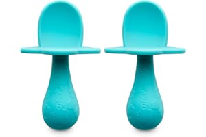 GRABEASE First Stage Silicone Spoon for Babies and Toddlers | Baby Utensils | Great for Baby Led Weaning Baby and Self-Feeding (2 Pack Teal)