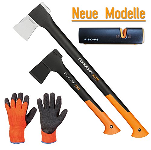 FISKARS© Set Spaltaxt X21 - L + Universalaxt X10 - S + Xsharp Axt- und Messerschärfer + Handschuhe