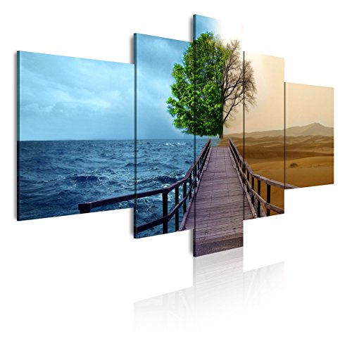 Dekoarte 127 - Cuadro moderno en lienzo de 5 piezas, naturaleza paisaje dividido en mar y desierto, 180x85cm