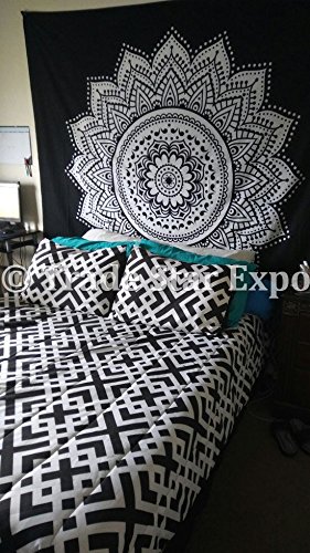 indischen Lotus Gobelin Wandbehang, Decke Bohemian Betten double, Mandala Beach, Gypsy Art Wand, Psychedelic Home Decor, schwarz und weiß Stickset, Ethnische Werfen - 4